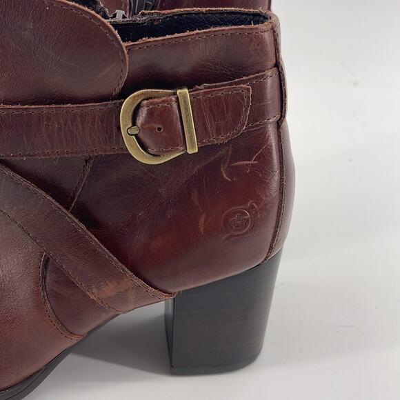 NWOT Born Carabel Cognac leather heeled side zip harness ankle boots sz 6 - Picture 2 of 8